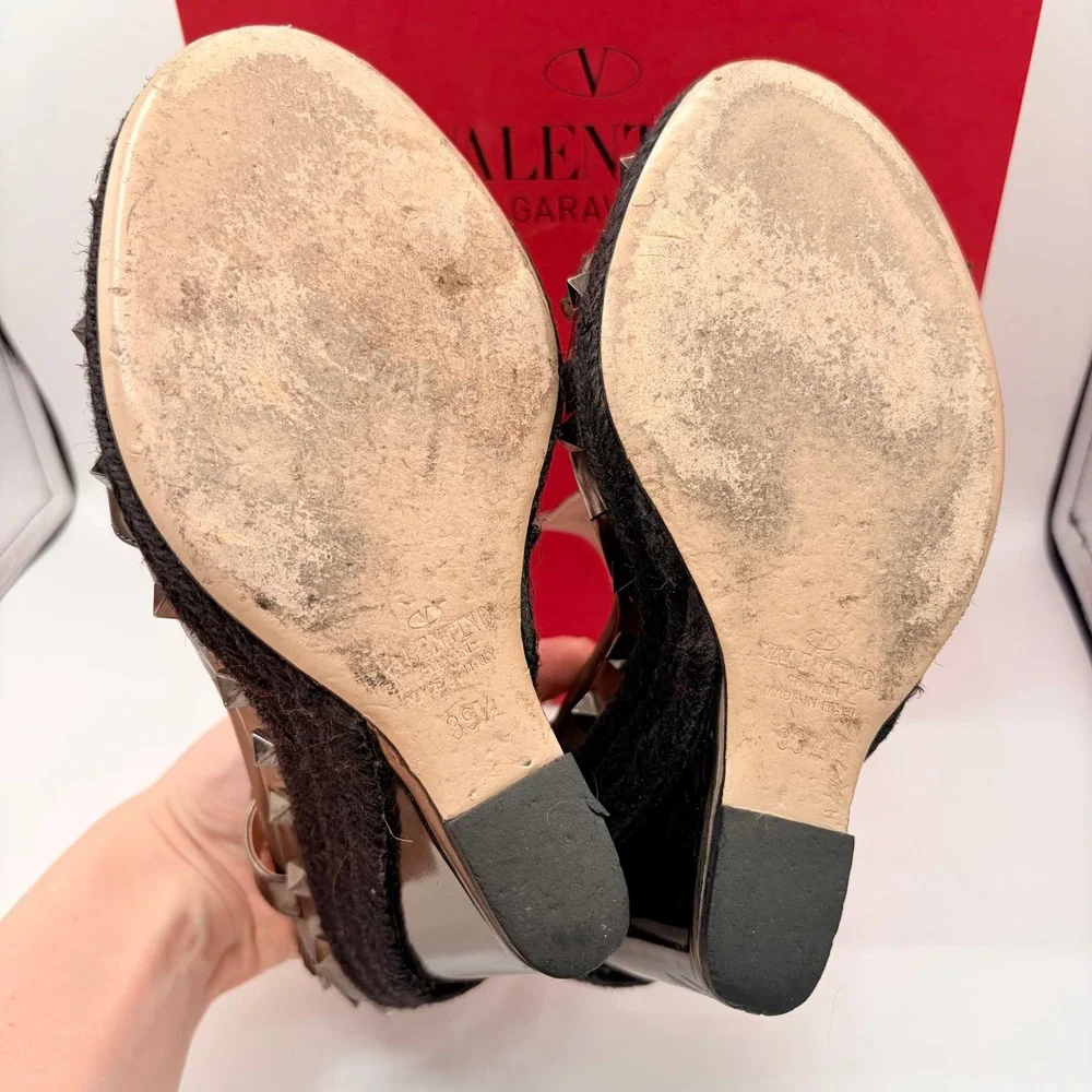 Valentino Rockstud Wedge Sandals 39.5 Gunmetal Metallic Espadrille Heels Box Bag - Picture 6 of 10